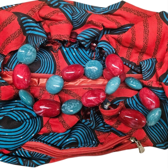 African tribal print bag beaded red and turquoise - Picture 3 of 13